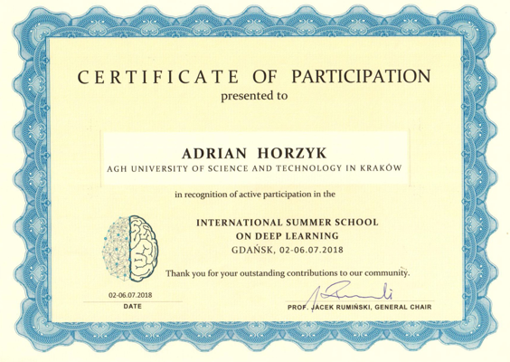 Certificate of International Summer School on Deep Learning for Adrian Horzyk